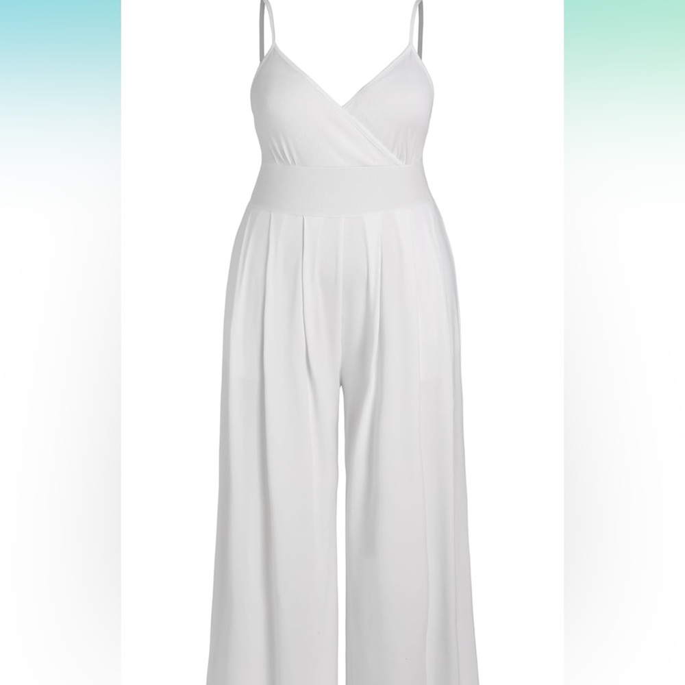 CIDER Women's V-neck Cami Wide Leg Jumpsuit Color: White. Plus Size: 1X